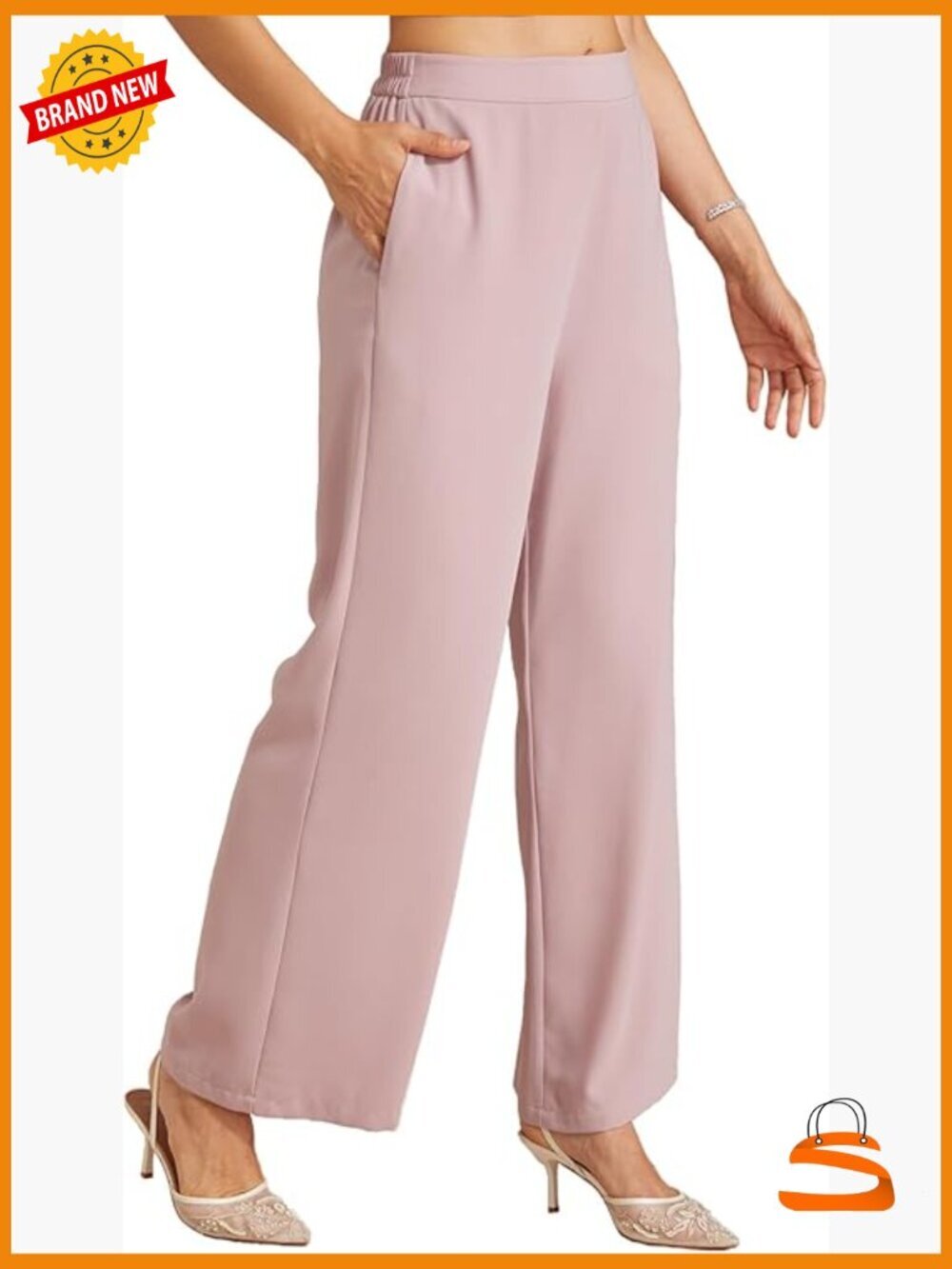Wide Leg Palazzo Pants Elastic Waist Dressy Casual Work Slacks with Pockets - Picture 1 of 7